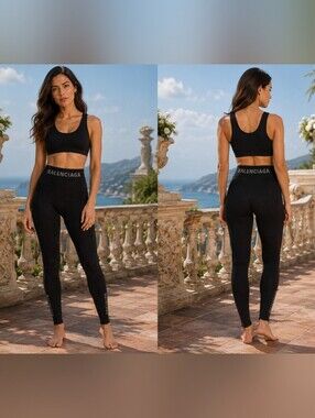 NWT Balenciaga Black Athletic Logo - Intarsia Leggings SZ M